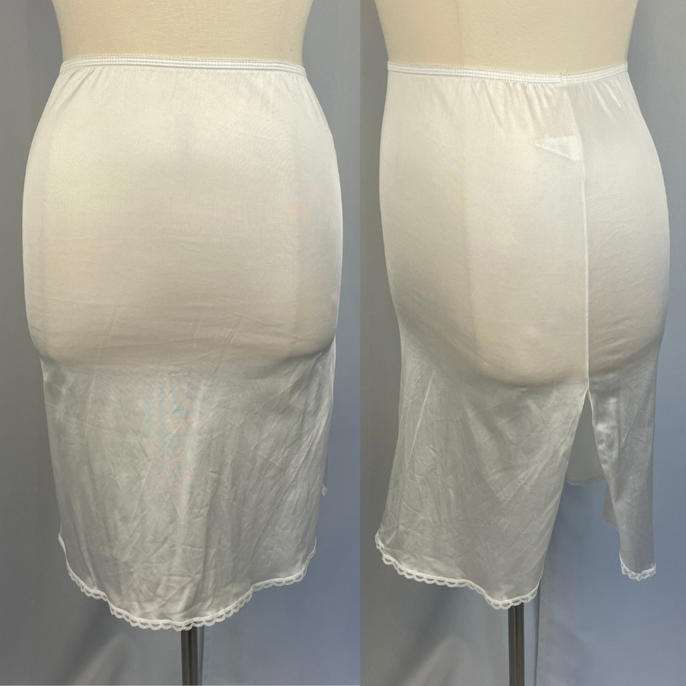 Vintage Half Slip Skirt Size Large White Ivory Solid Satin Nylon Side Slit